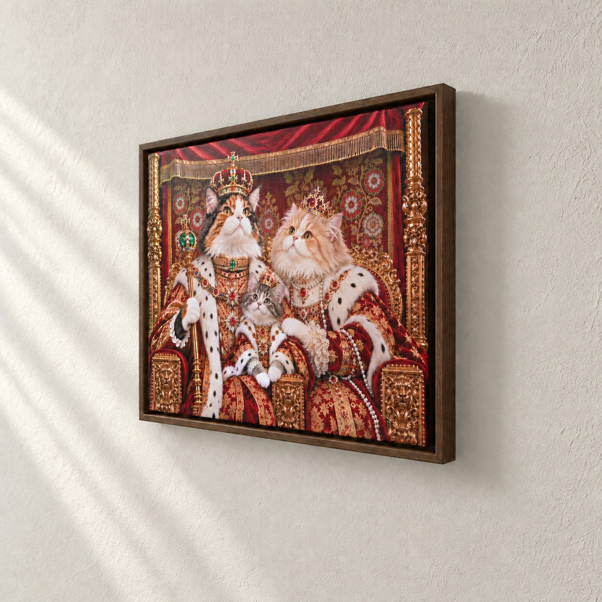 Royal cat portrait canvas, 3 cats, 24" x 18", Brown frame, side view showing the depth