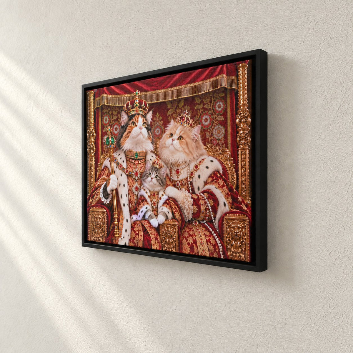 Royal cat portrait canvas, 3 cats, 24" x 18", Black frame, side view showing the depth