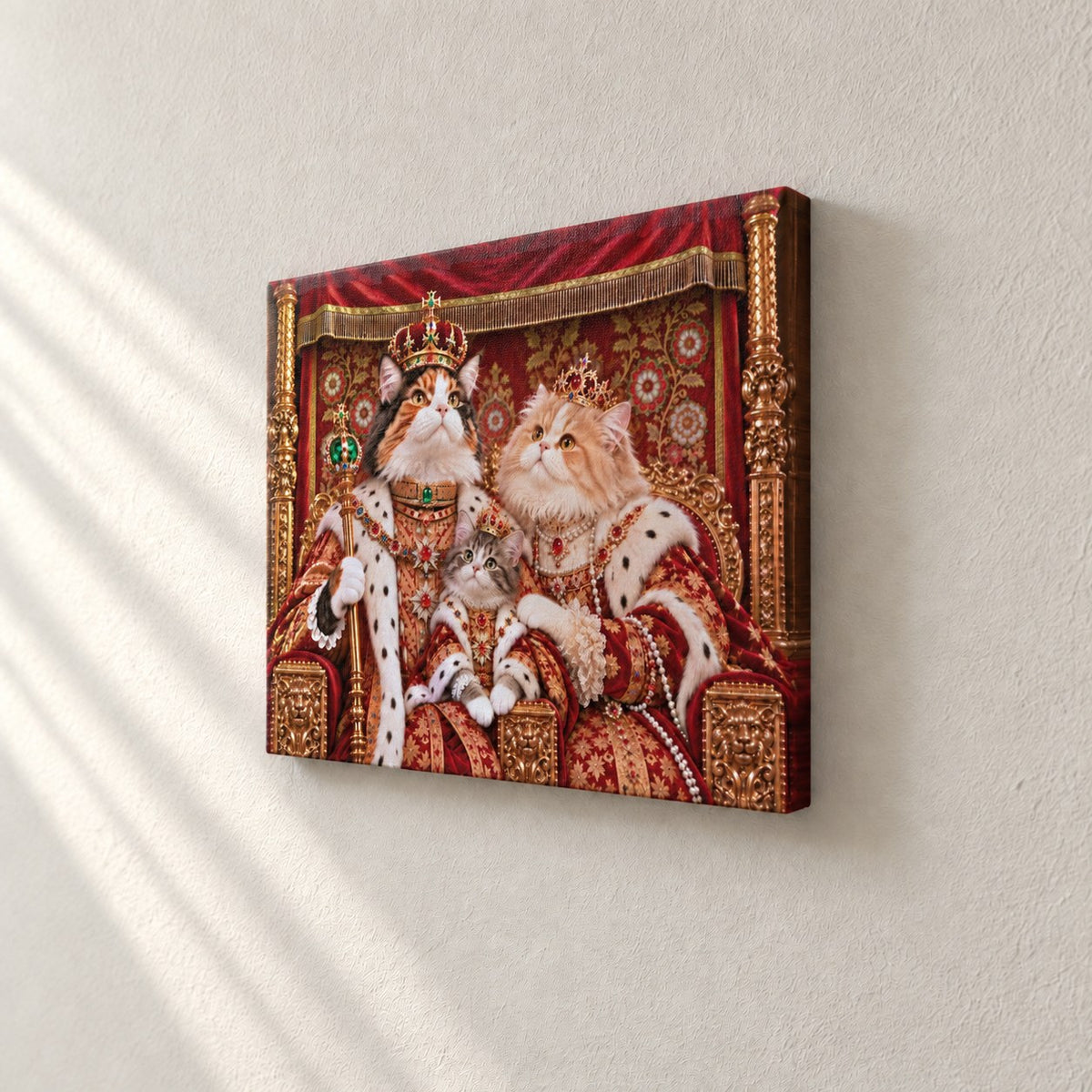 Royal cat portrait canvas, 3 cats, 24" x 18", Unframed, side view showing the depth