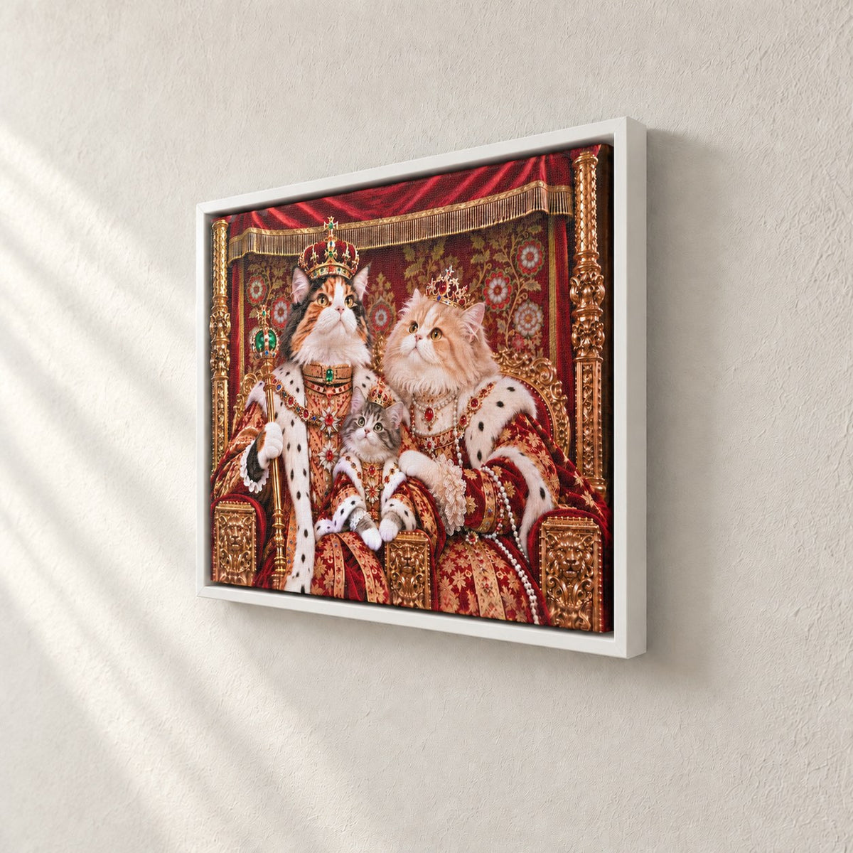 Royal cat portrait canvas, 3 cats, 24" x 18", White frame, side view showing the depth