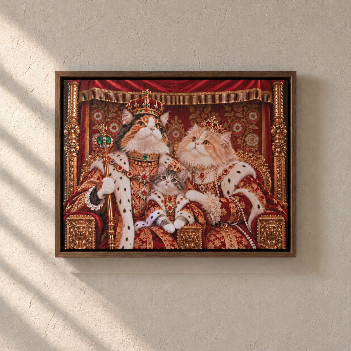 Royal cat portrait canvas, 3 cats, 24" x 18", Brown frame, on a plaster wall