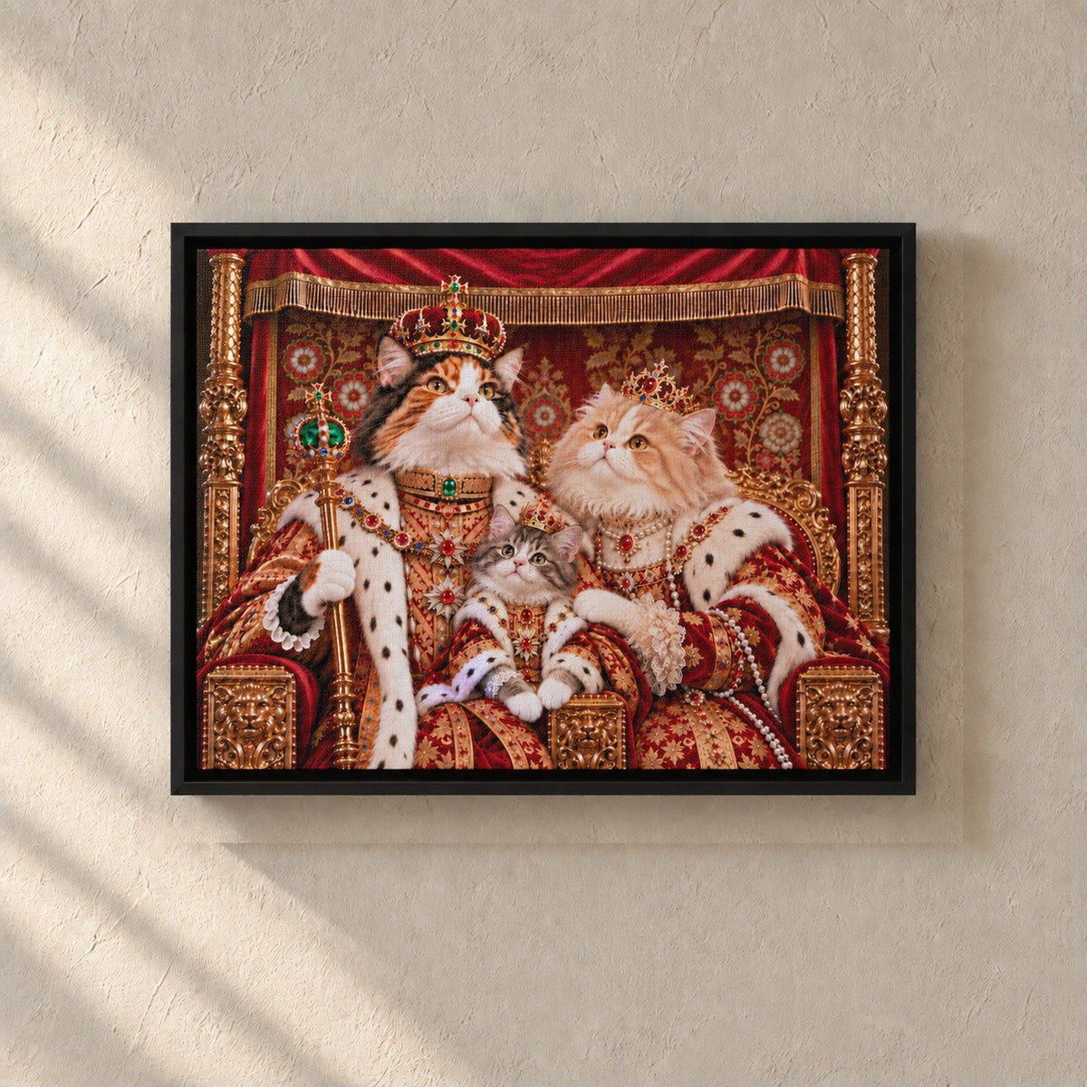 Royal cat portrait canvas, 3 cats, 24" x 18", Black frame, on a plaster wall