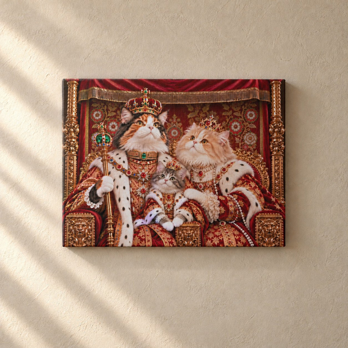 Royal cat portrait canvas, 3 cats, 24" x 18", Unframed, on a plaster wall