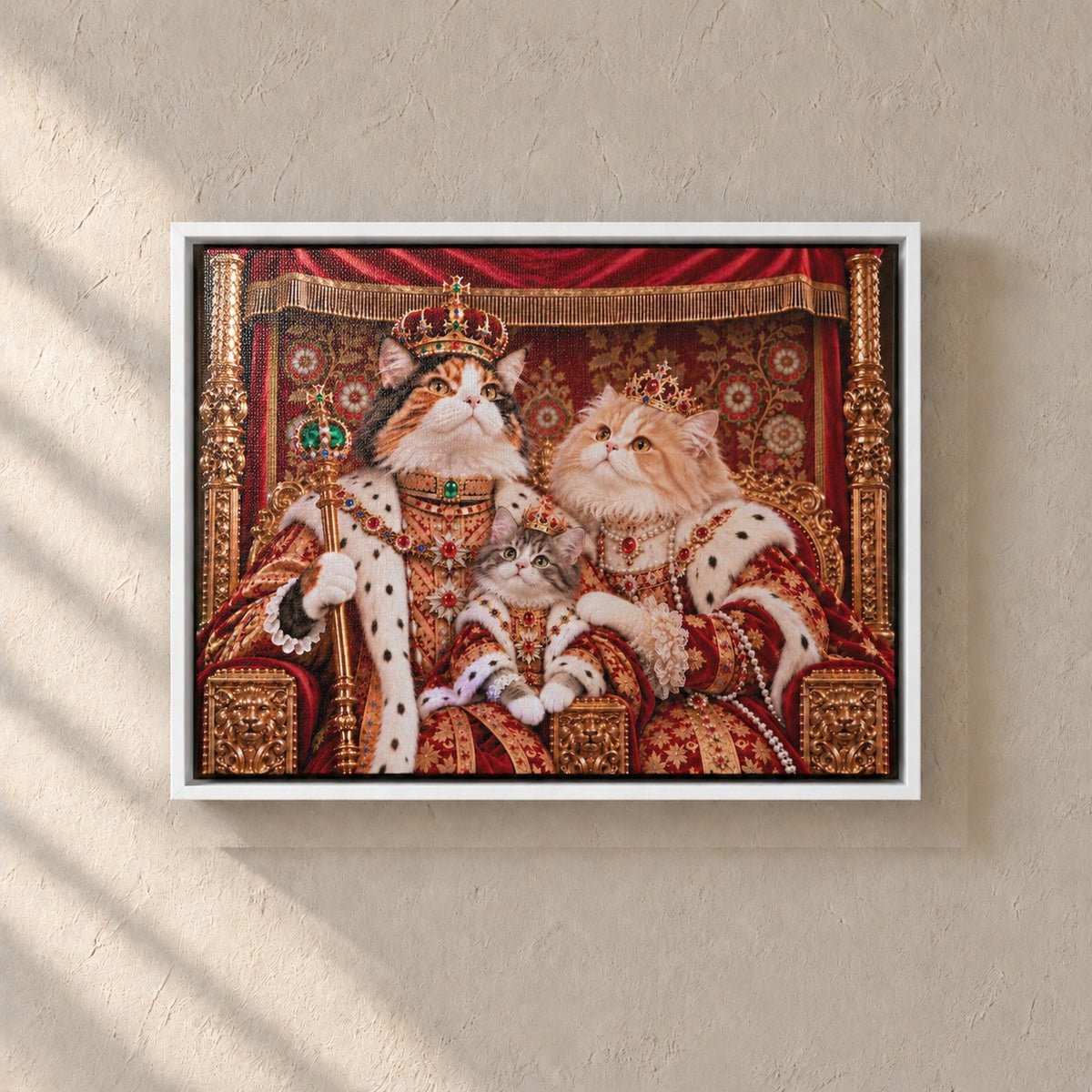 Royal cat portrait canvas, 3 cats, 24" x 18", White frame, on a plaster wall