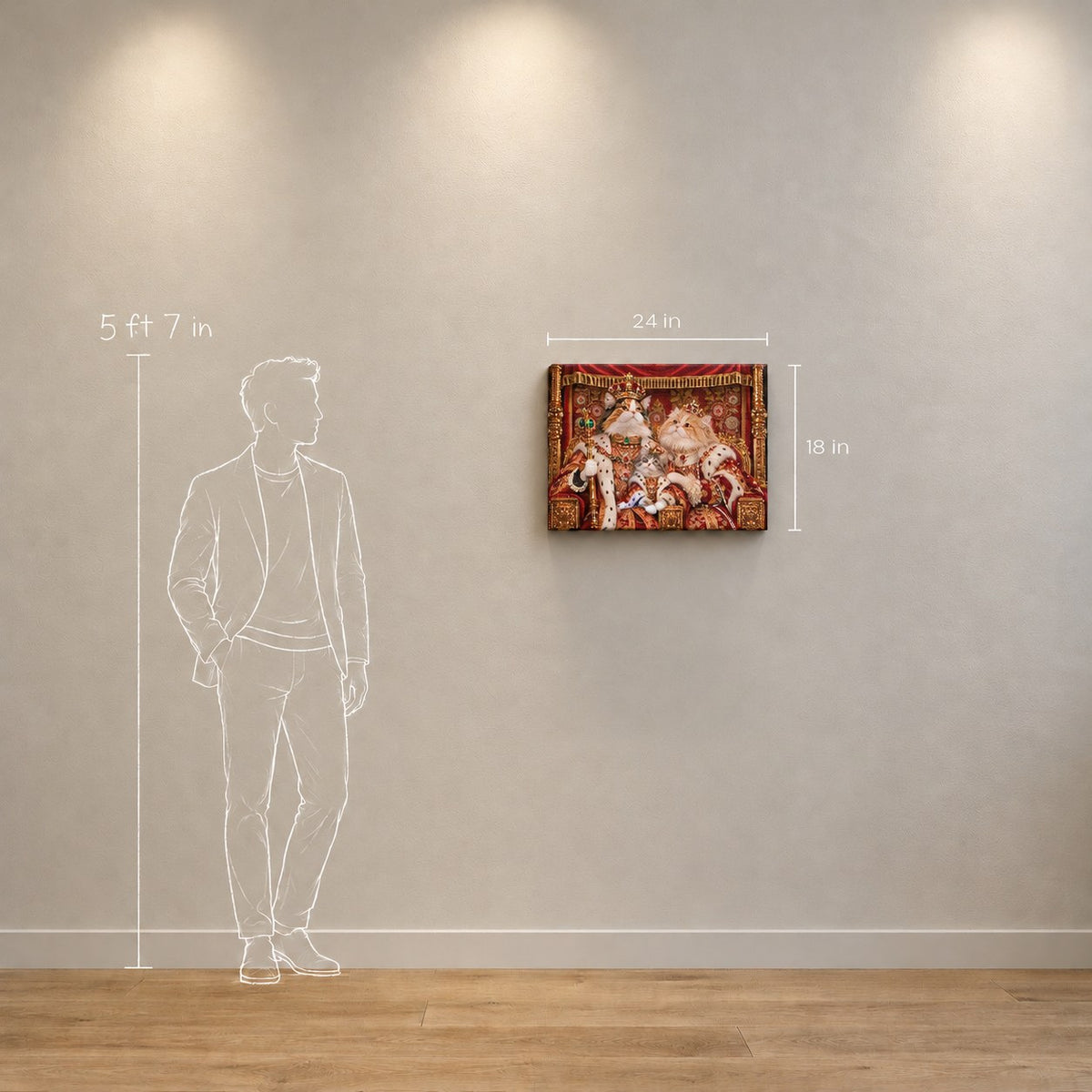 Royal cat portrait canvas, 3 cats, 24" x 18", Unframed, size on the wall