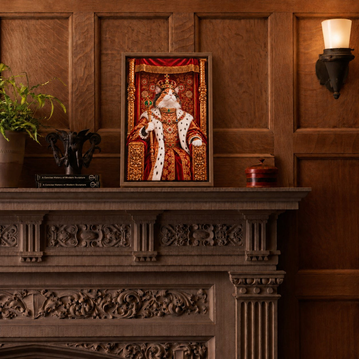 Royal cat portrait canvas, 1 cat, 12" x 18", Brown frame, on an oak-panelled mantel at true size