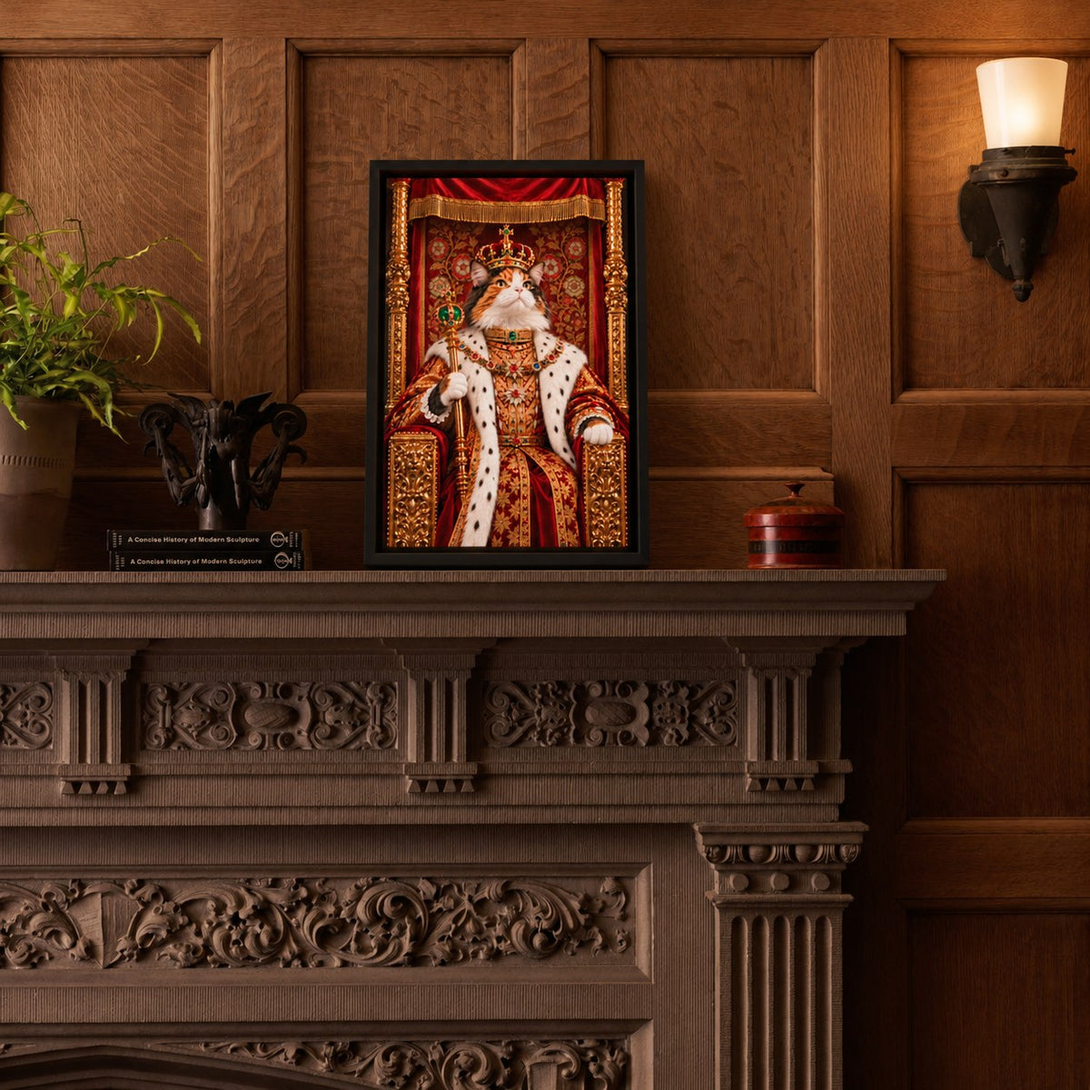 Royal cat portrait canvas, 1 cat, 12" x 18", Black frame, on an oak-panelled mantel at true size
