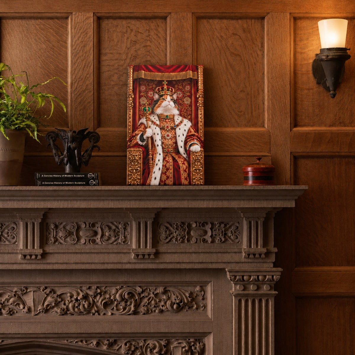 Royal cat portrait canvas, 1 cat, 12" x 18", Unframed, on an oak-panelled mantel at true size