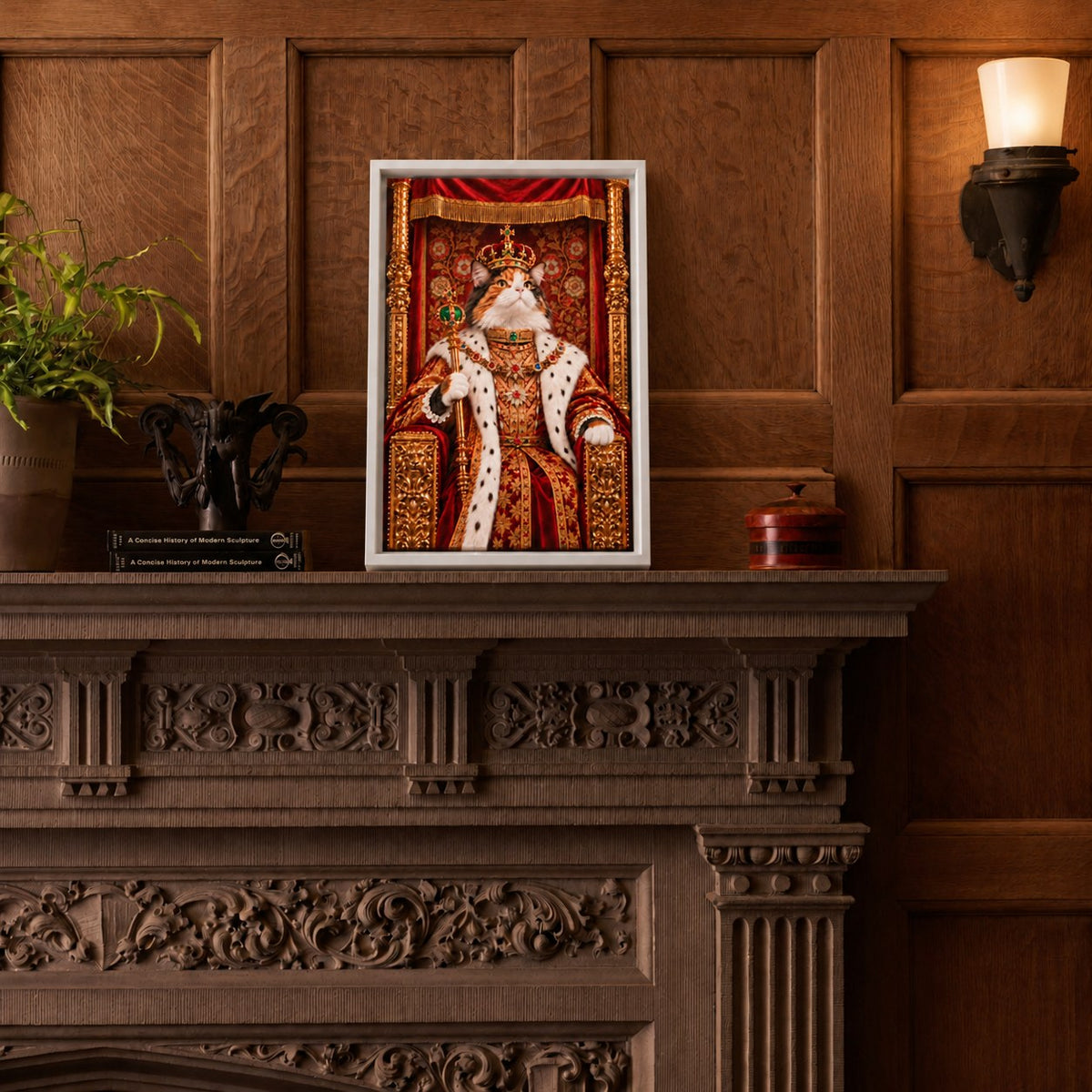 Royal cat portrait canvas, 1 cat, 12" x 18", White frame, on an oak-panelled mantel at true size