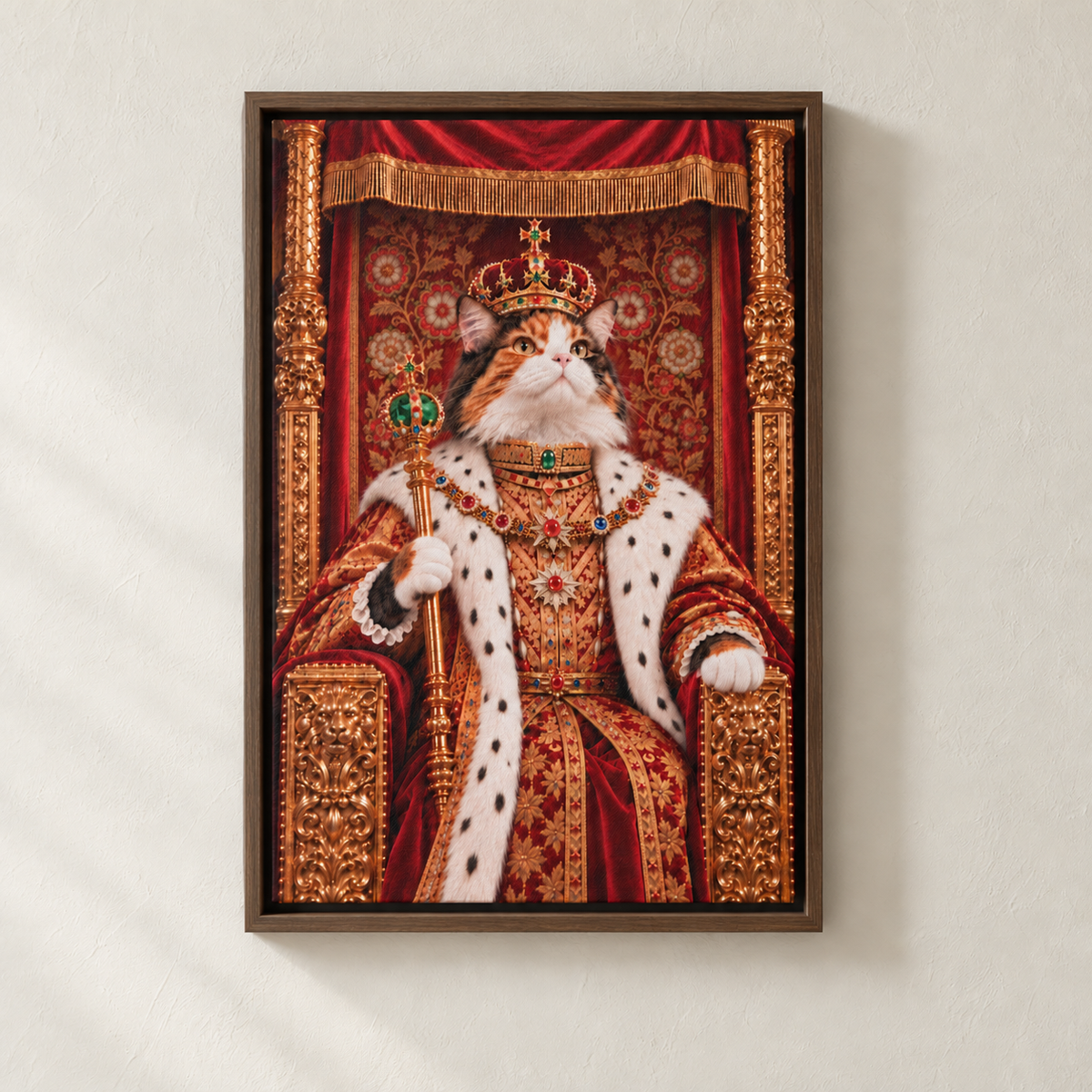 Royal cat portrait canvas, 1 cat, 12" x 18", Brown frame, on a plaster wall