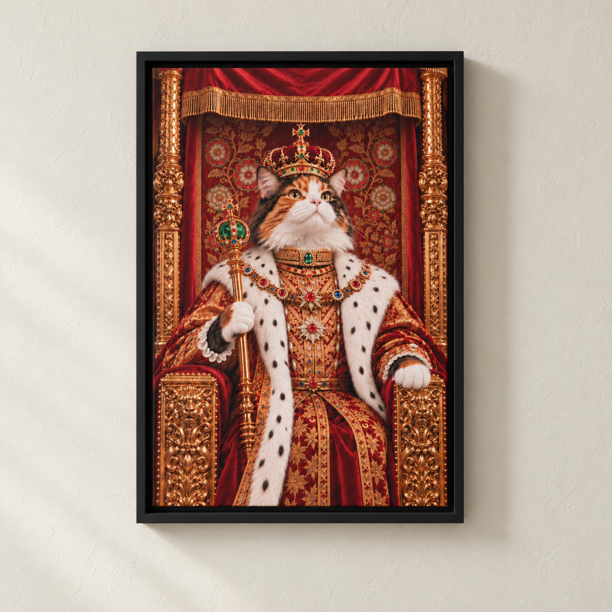 Royal cat portrait canvas, 1 cat, 12" x 18", Black frame, on a plaster wall
