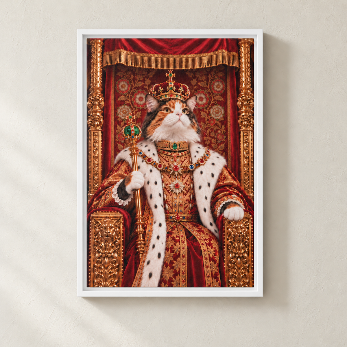 Royal cat portrait canvas, 1 cat, 12" x 18", White frame, on a plaster wall