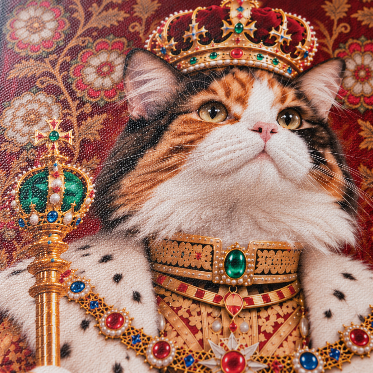 Royal cat portrait canvas, 1 cat, canvas texture close-up