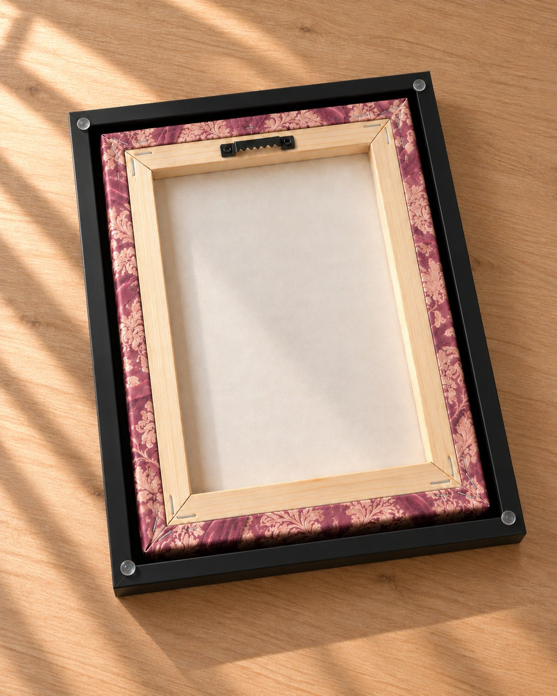 Royal Queen cat portrait canvas, 1 cat, Black frame, back of the framed canvas with hanging hardware and corner pads