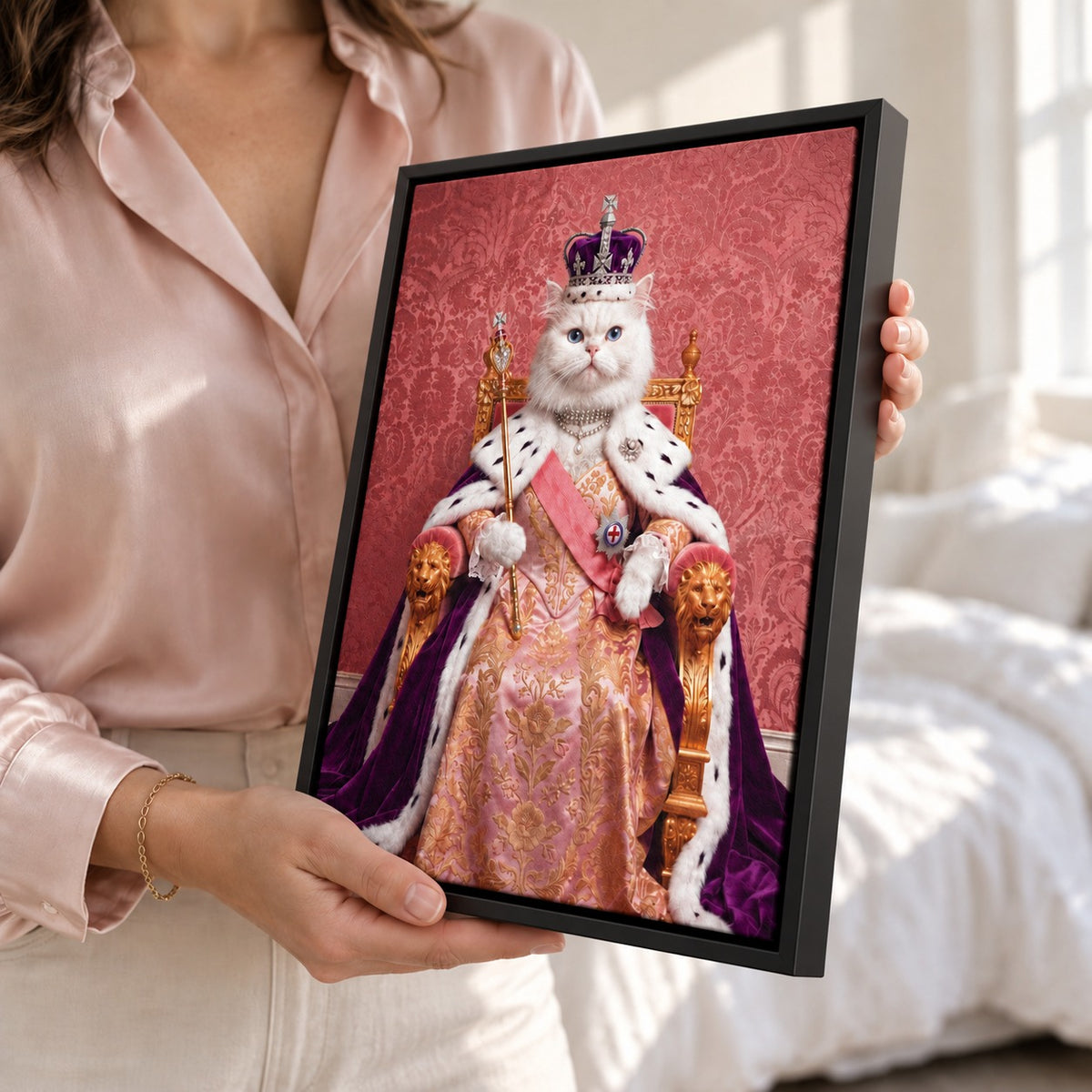Royal Queen cat portrait canvas, 1 cat, Black frame, held by a model to show the frame depth