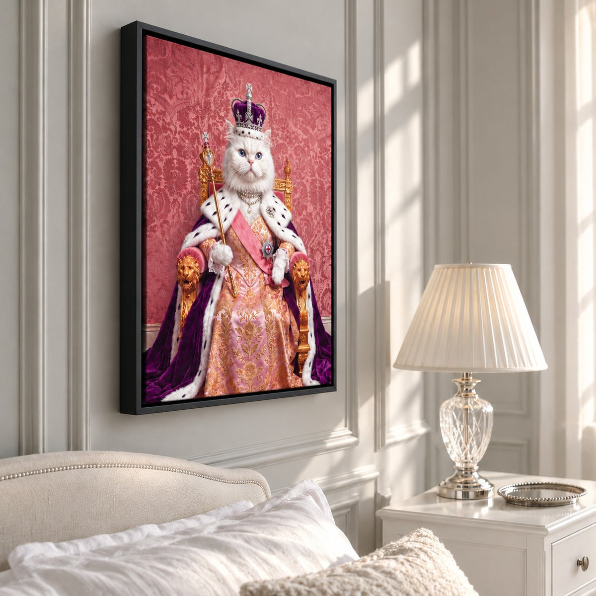 Royal Queen cat portrait canvas, 1 cat, Black frame, hanging in a bedroom