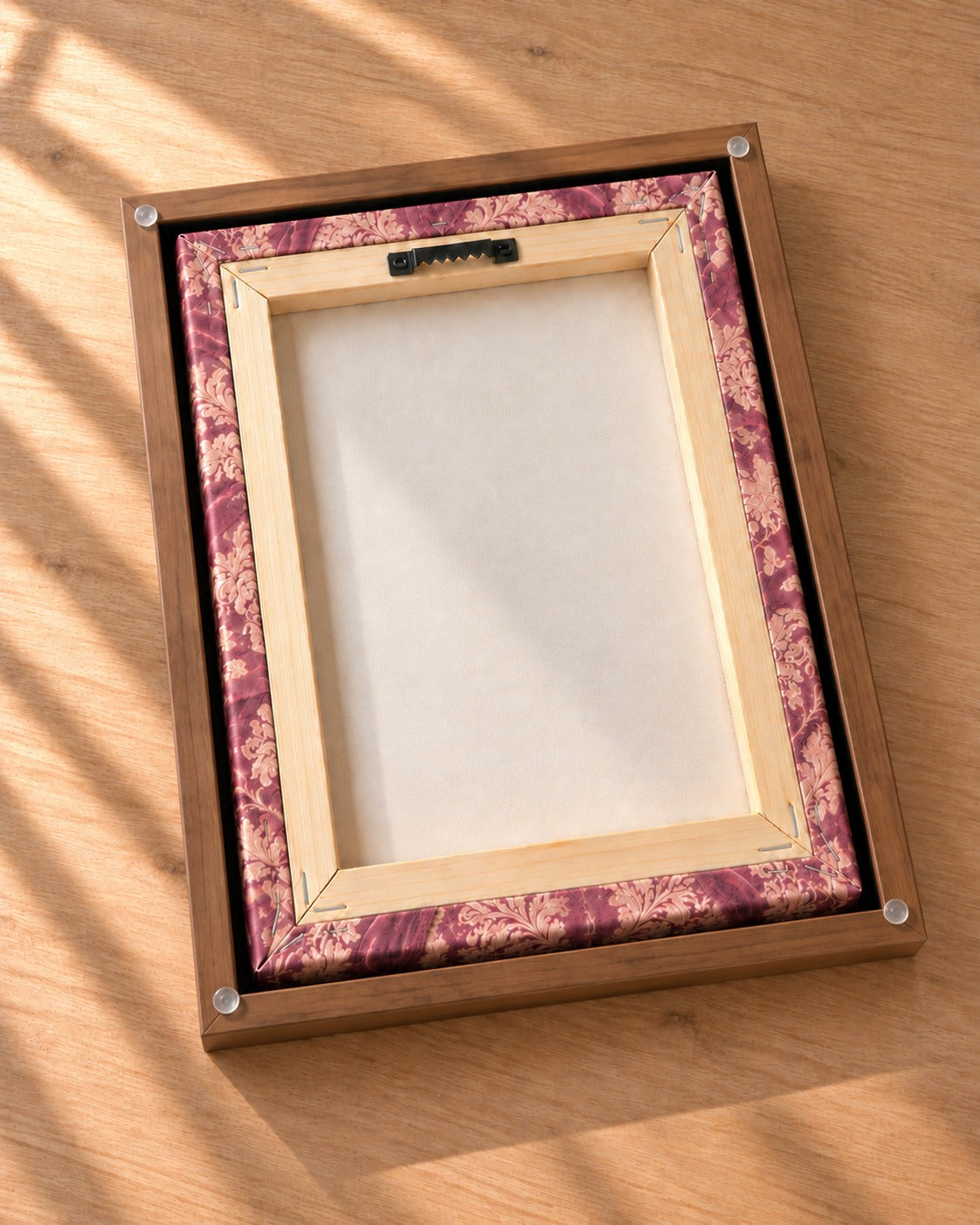 Royal Queen cat portrait canvas, 1 cat, Brown frame, back of the framed canvas with hanging hardware and corner pads