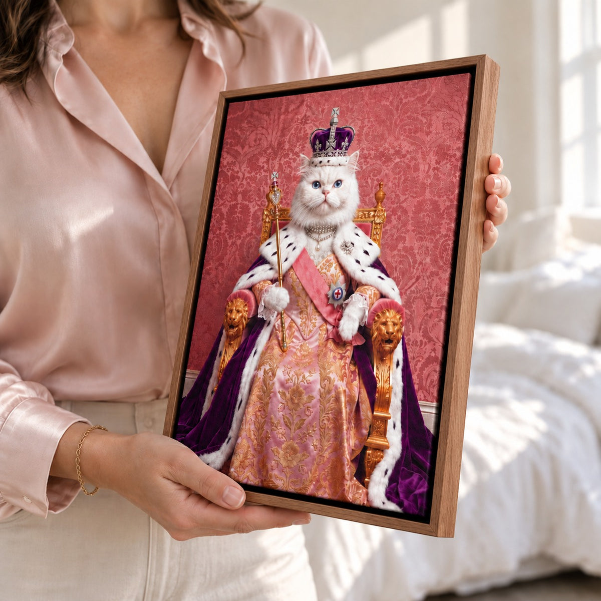 Royal Queen cat portrait canvas, 1 cat, Brown frame, held by a model to show the frame depth