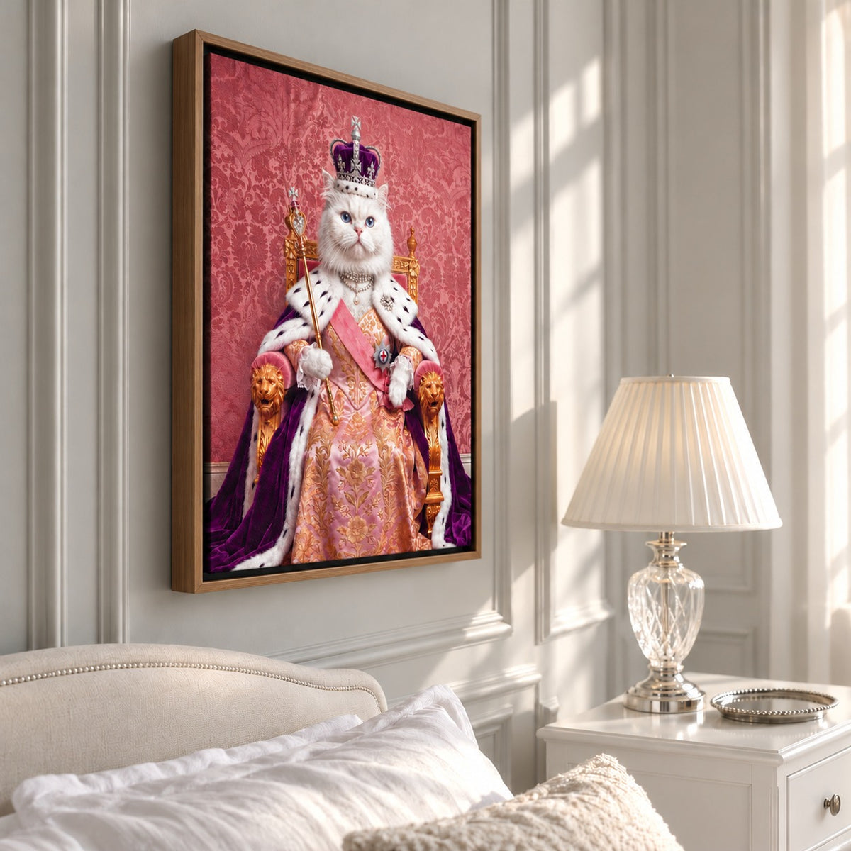 Royal Queen cat portrait canvas, 1 cat, Brown frame, hanging in a bedroom