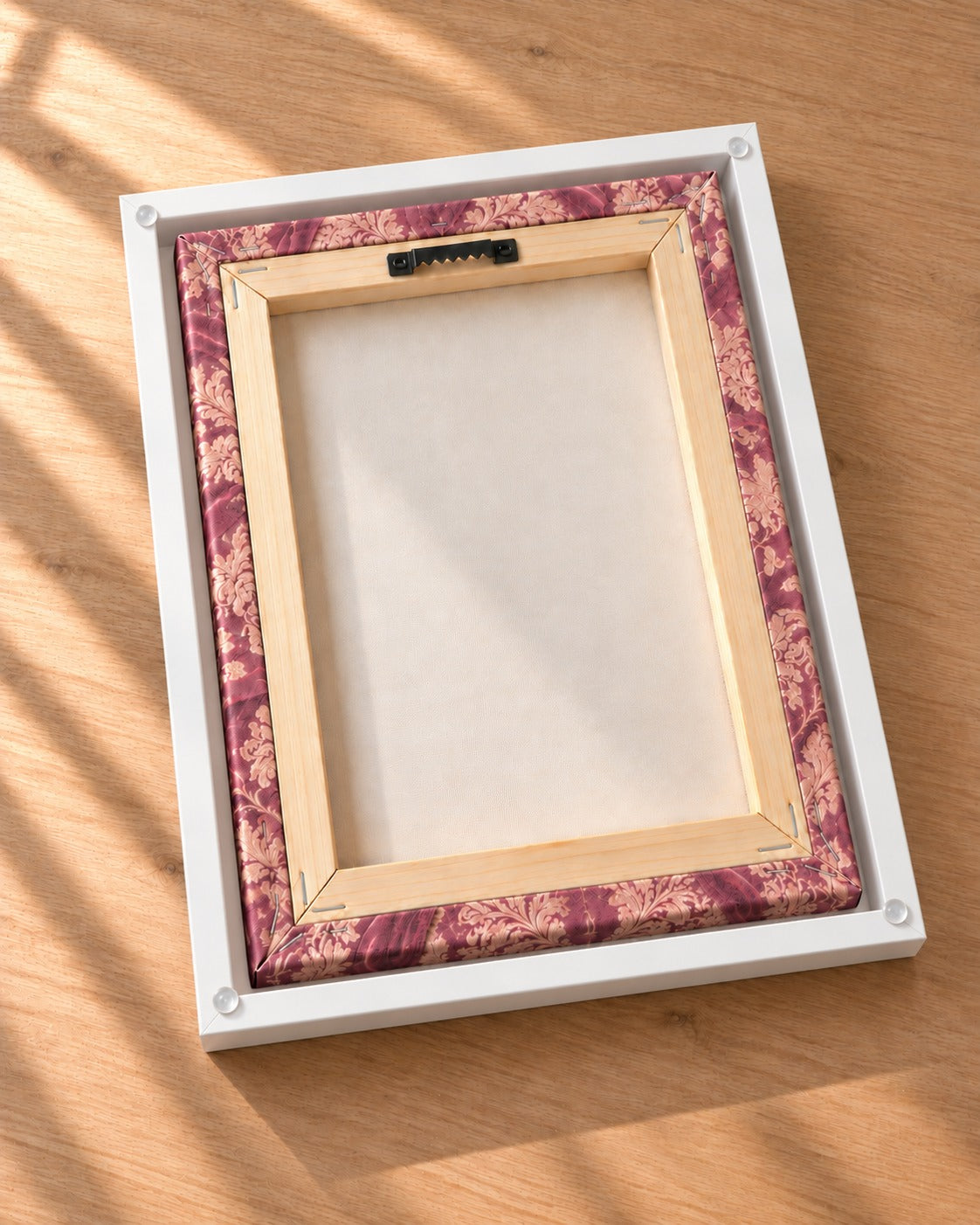 Royal Queen cat portrait canvas, 1 cat, White frame, back of the framed canvas with hanging hardware and corner pads