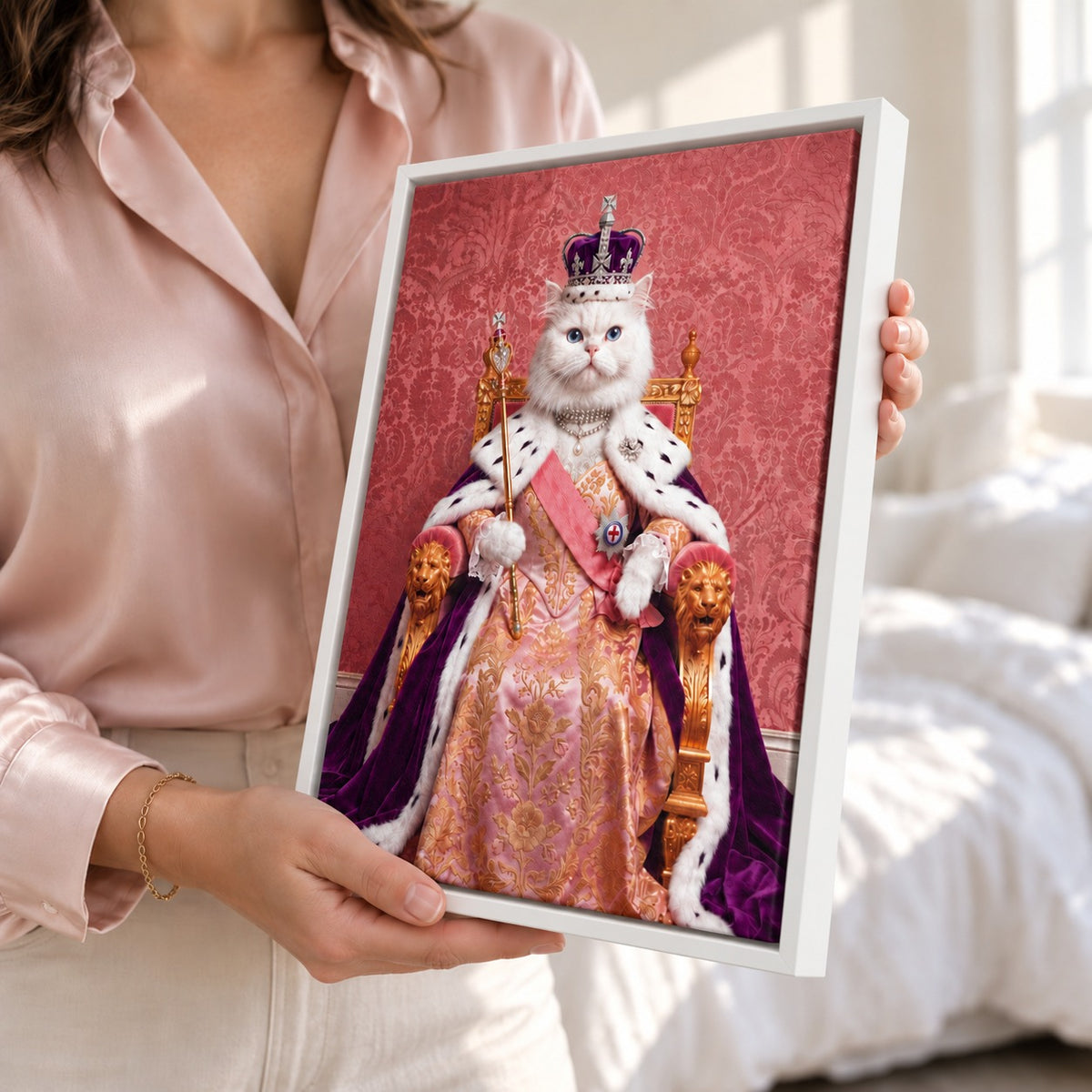 Royal Queen cat portrait canvas, 1 cat, White frame, held by a model to show the frame depth
