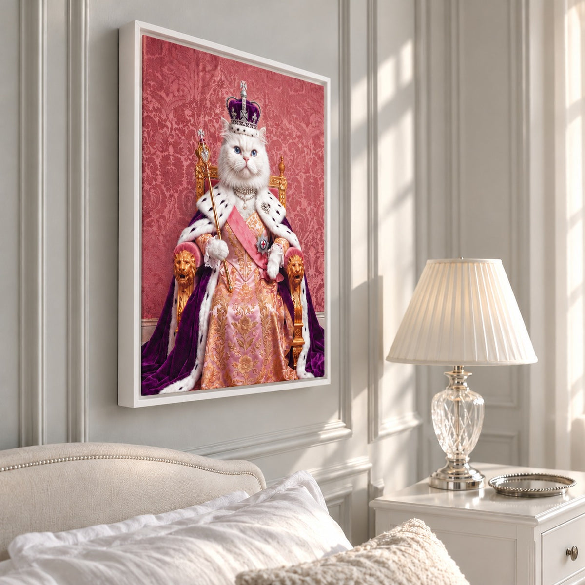 Royal Queen cat portrait canvas, 1 cat, White frame, hanging in a bedroom