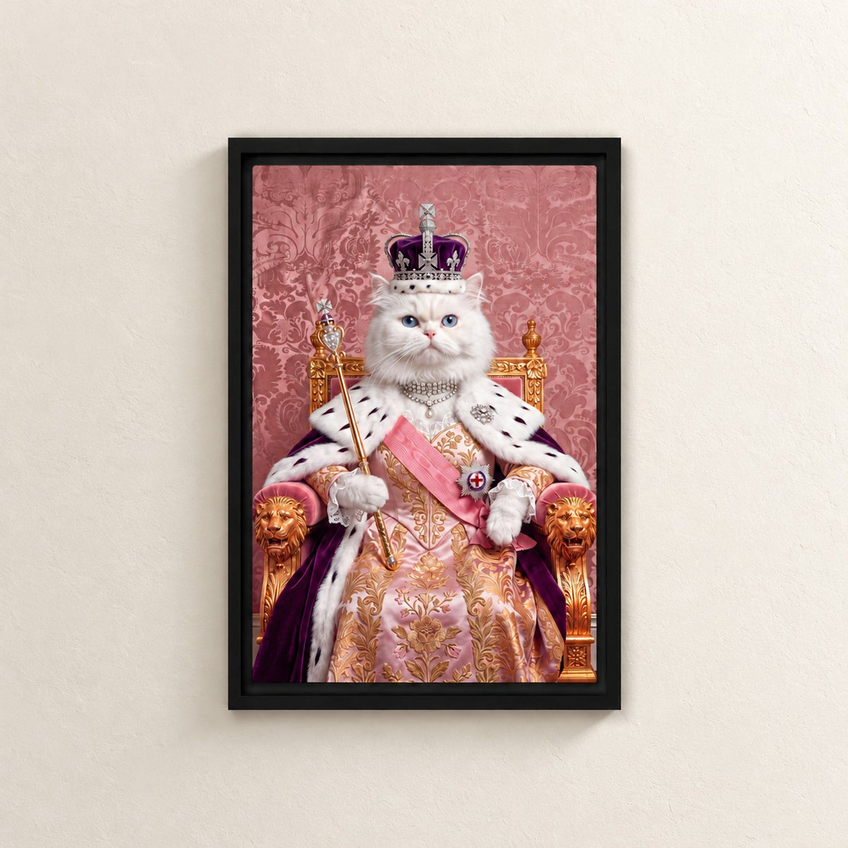 Royal Queen cat portrait canvas, 1 cat, 12" x 18", Black frame, on a plaster wall
