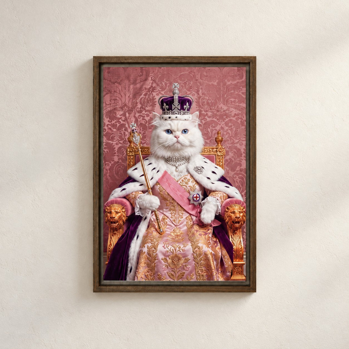 Royal Queen cat portrait canvas, 1 cat, 12" x 18", Brown frame, on a plaster wall