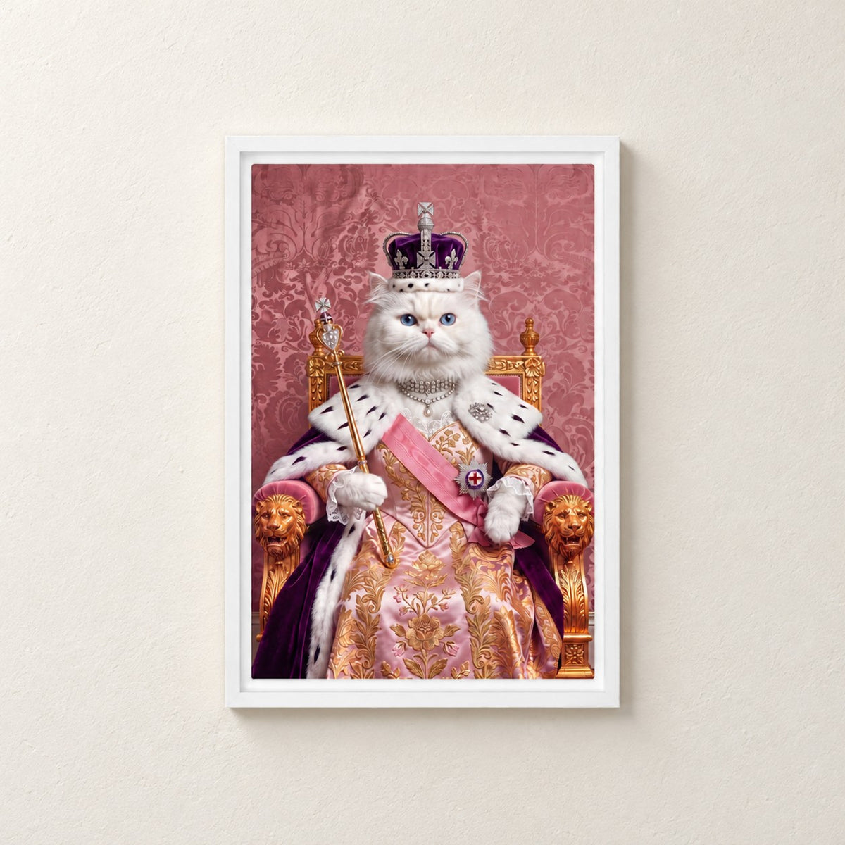 Royal Queen cat portrait canvas, 1 cat, 12" x 18", White frame, on a plaster wall