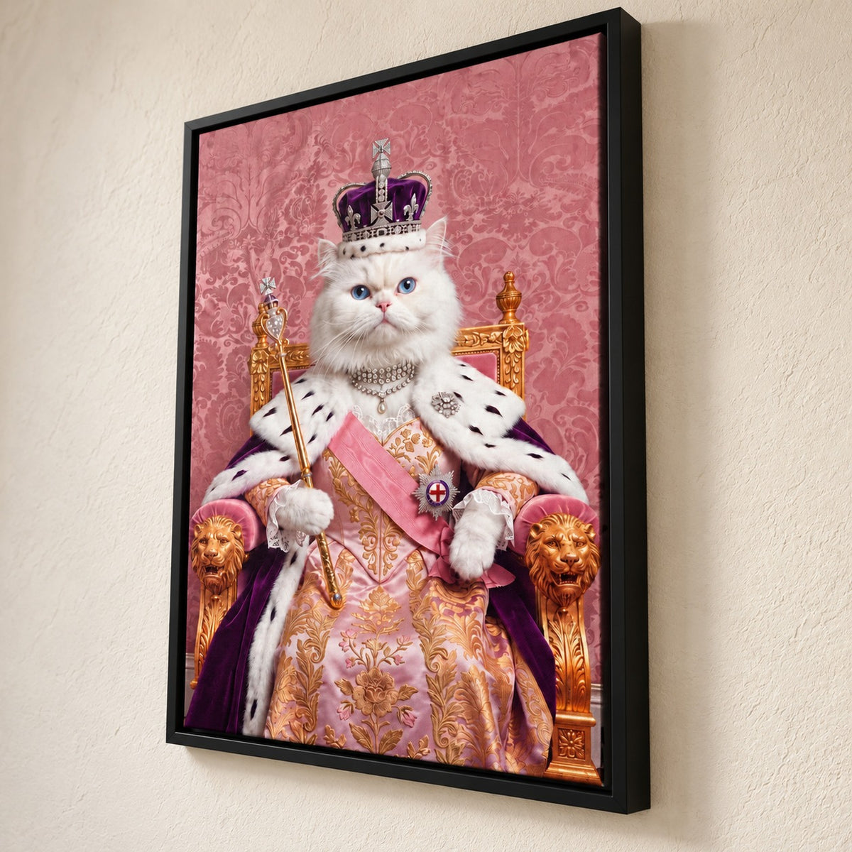 Royal Queen cat portrait canvas, 1 cat, Black frame, close angle at the frame corner showing the whole frame
