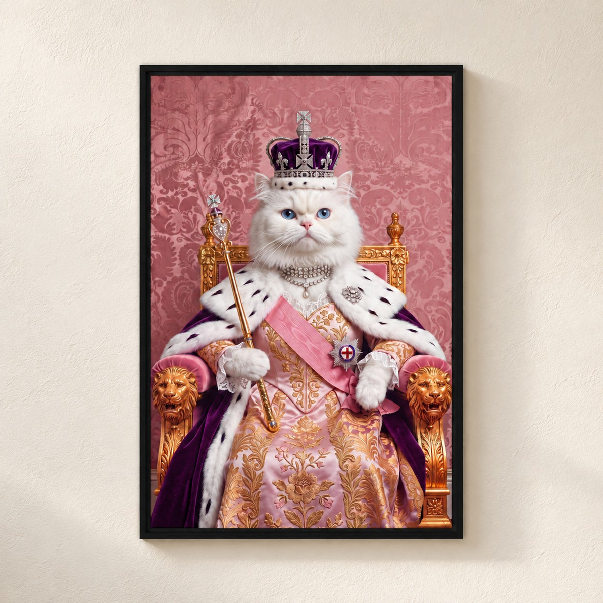 Royal Queen cat portrait canvas, 1 cat, 24" x 36", Black frame, on a plaster wall