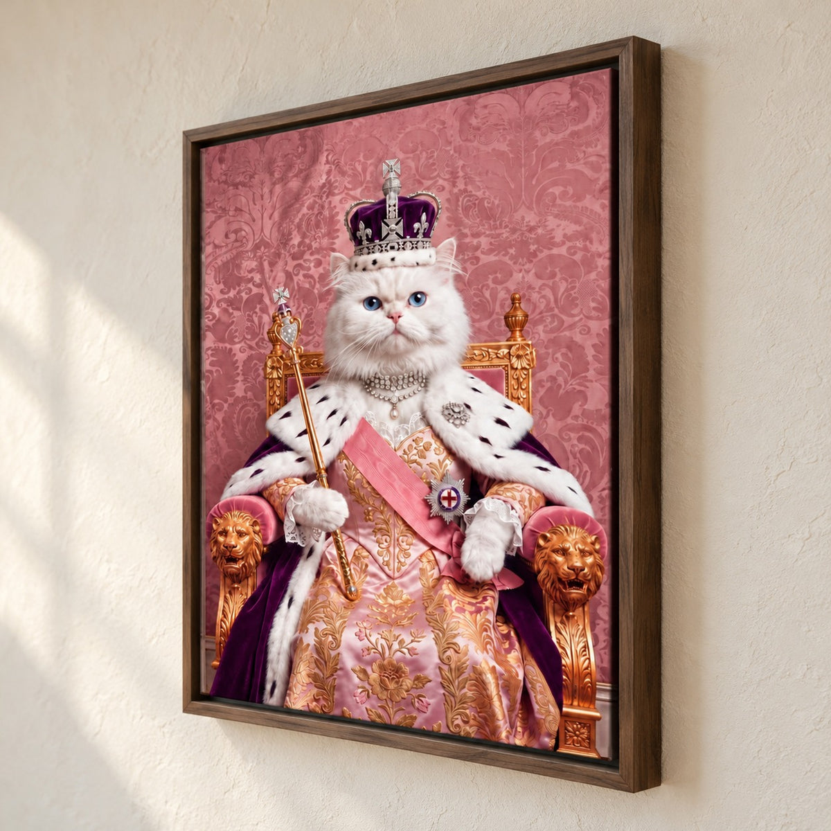 Royal Queen cat portrait canvas, 1 cat, Brown frame, close angle at the frame corner showing the whole frame