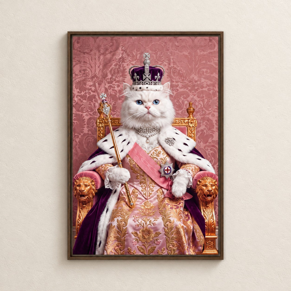 Royal Queen cat portrait canvas, 1 cat, 24" x 36", Brown frame, on a plaster wall