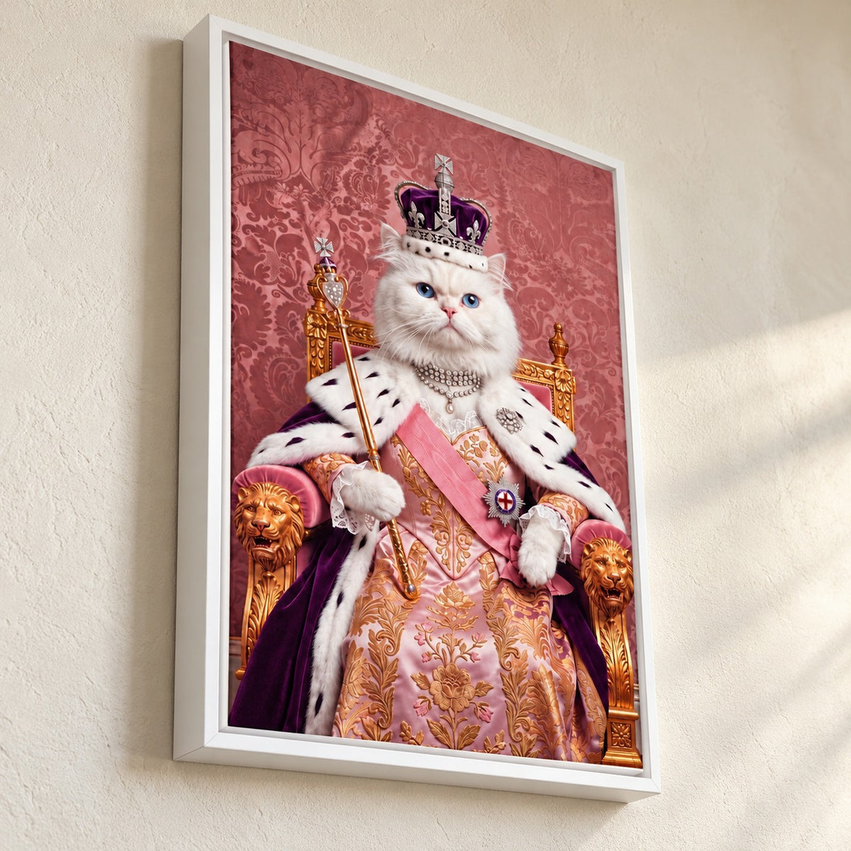 Royal Queen cat portrait canvas, 1 cat, White frame, close angle at the frame corner showing the whole frame