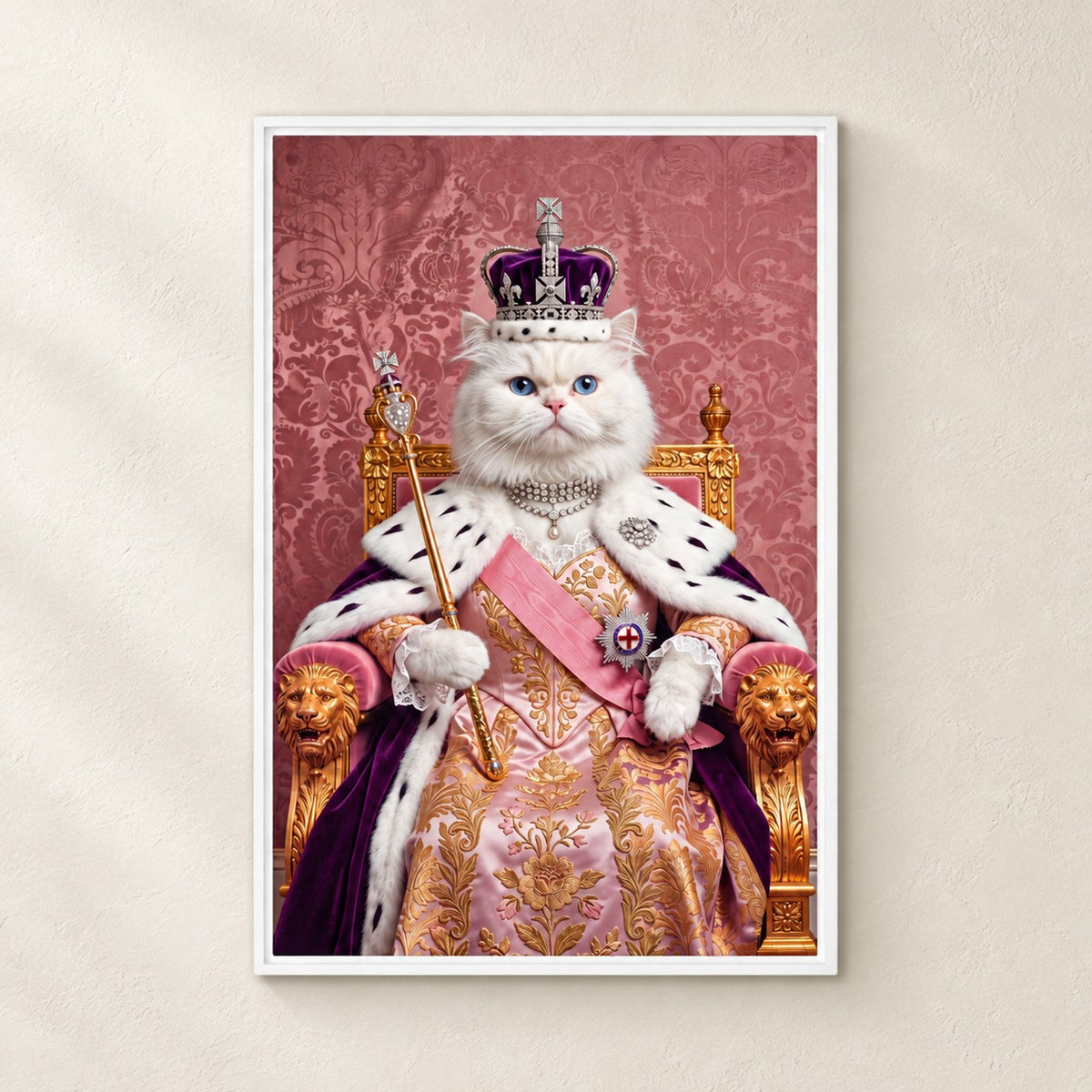Royal Queen cat portrait canvas, 1 cat, 24" x 36", White frame, on a plaster wall