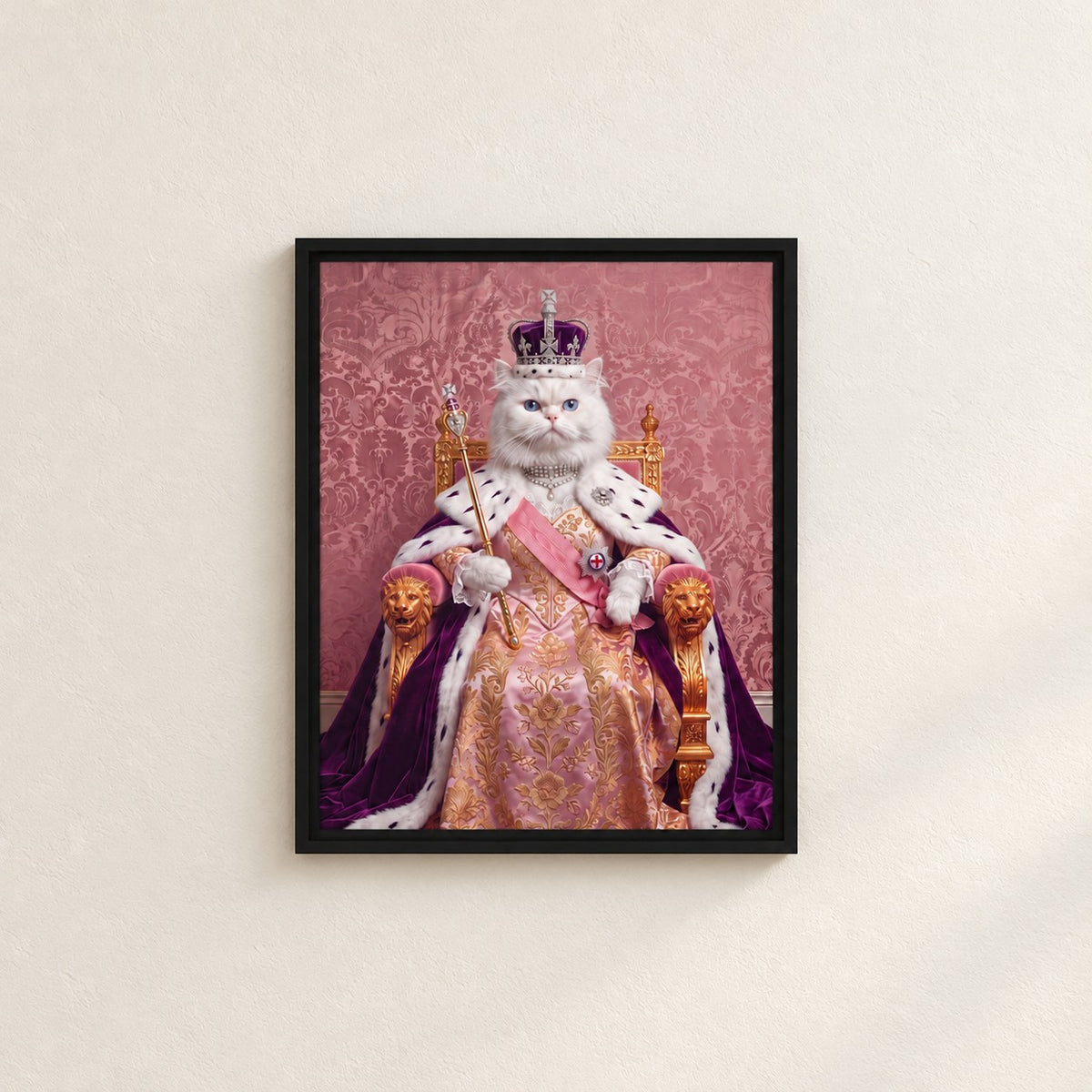 Royal Queen cat portrait canvas, 1 cat, 8" x 10", Black frame, on a plaster wall