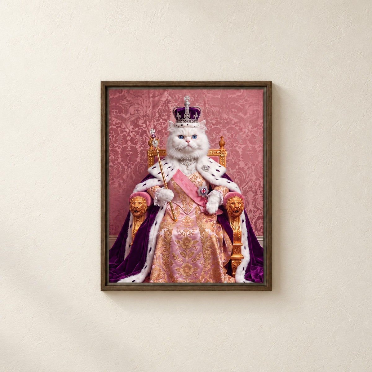 Royal Queen cat portrait canvas, 1 cat, 8" x 10", Brown frame, on a plaster wall
