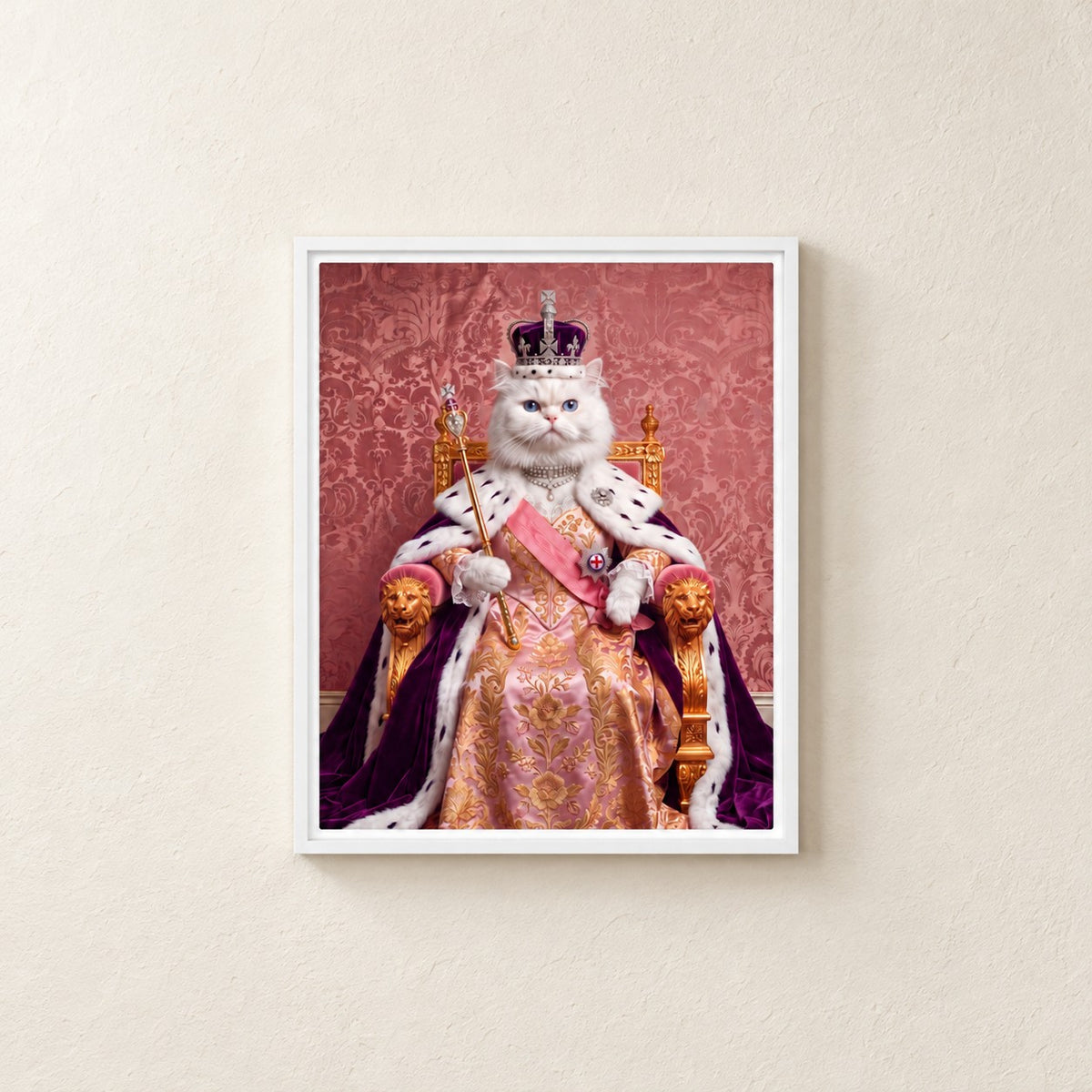 Royal Queen cat portrait canvas, 1 cat, 8" x 10", White frame, on a plaster wall