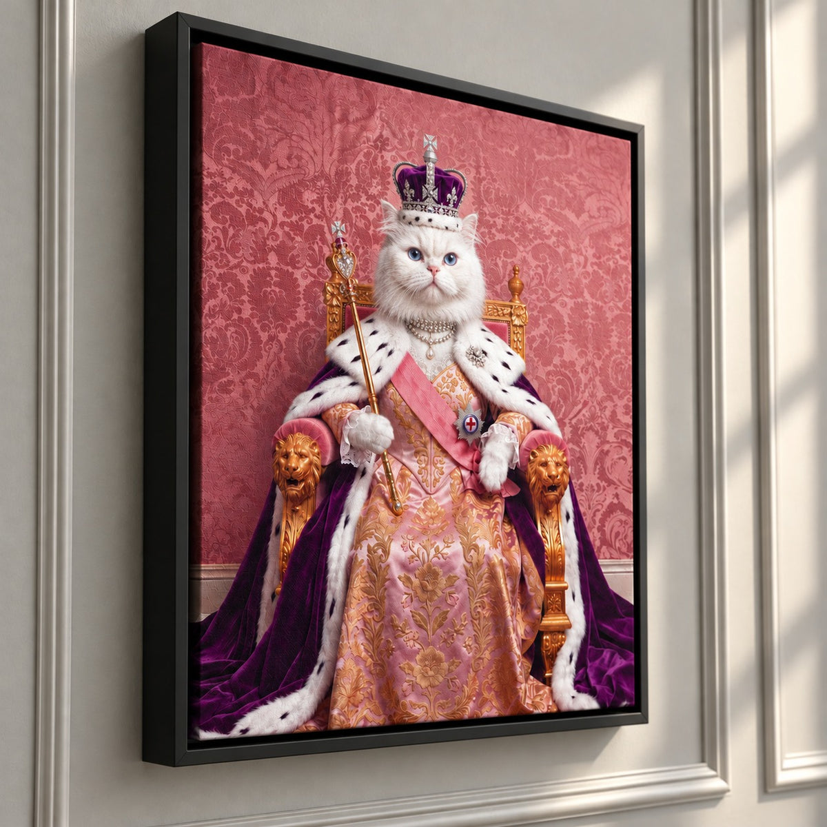 Royal Queen cat portrait canvas, 1 cat, Black frame, float frame on the wall