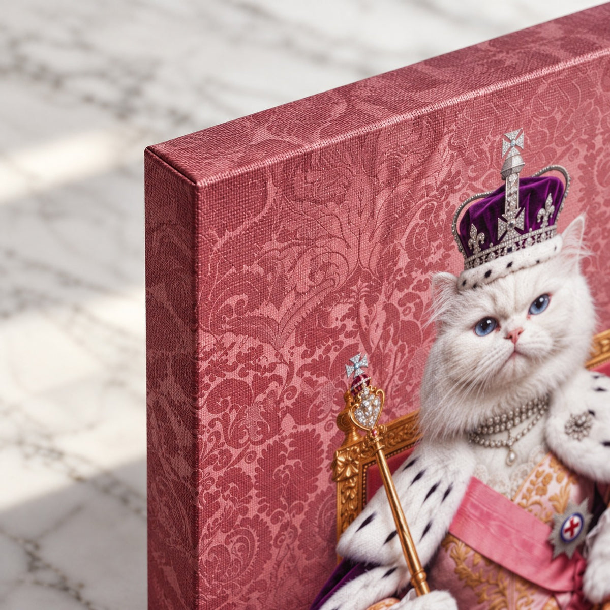 Royal Queen cat portrait canvas, 1 cat, Unframed, corner close-up of the wrapped edge and canvas weave