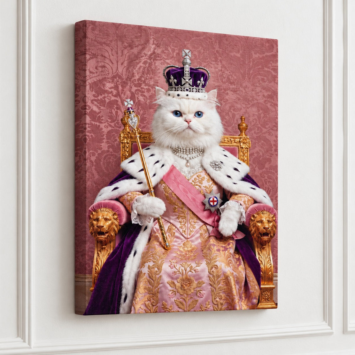 Royal Queen cat portrait canvas, 1 cat, Unframed, close view of the whole canvas on the wall showing the canvas weave and wrapped edge