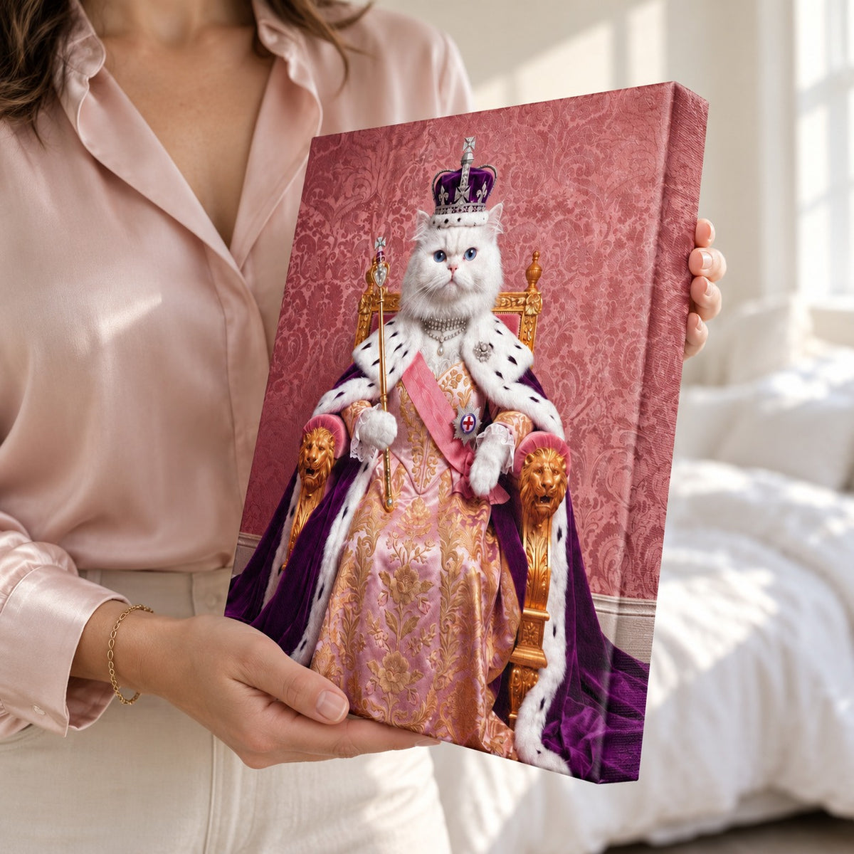 Royal Queen cat portrait canvas, 1 cat, Unframed, held by a model to show the gallery-wrapped edge