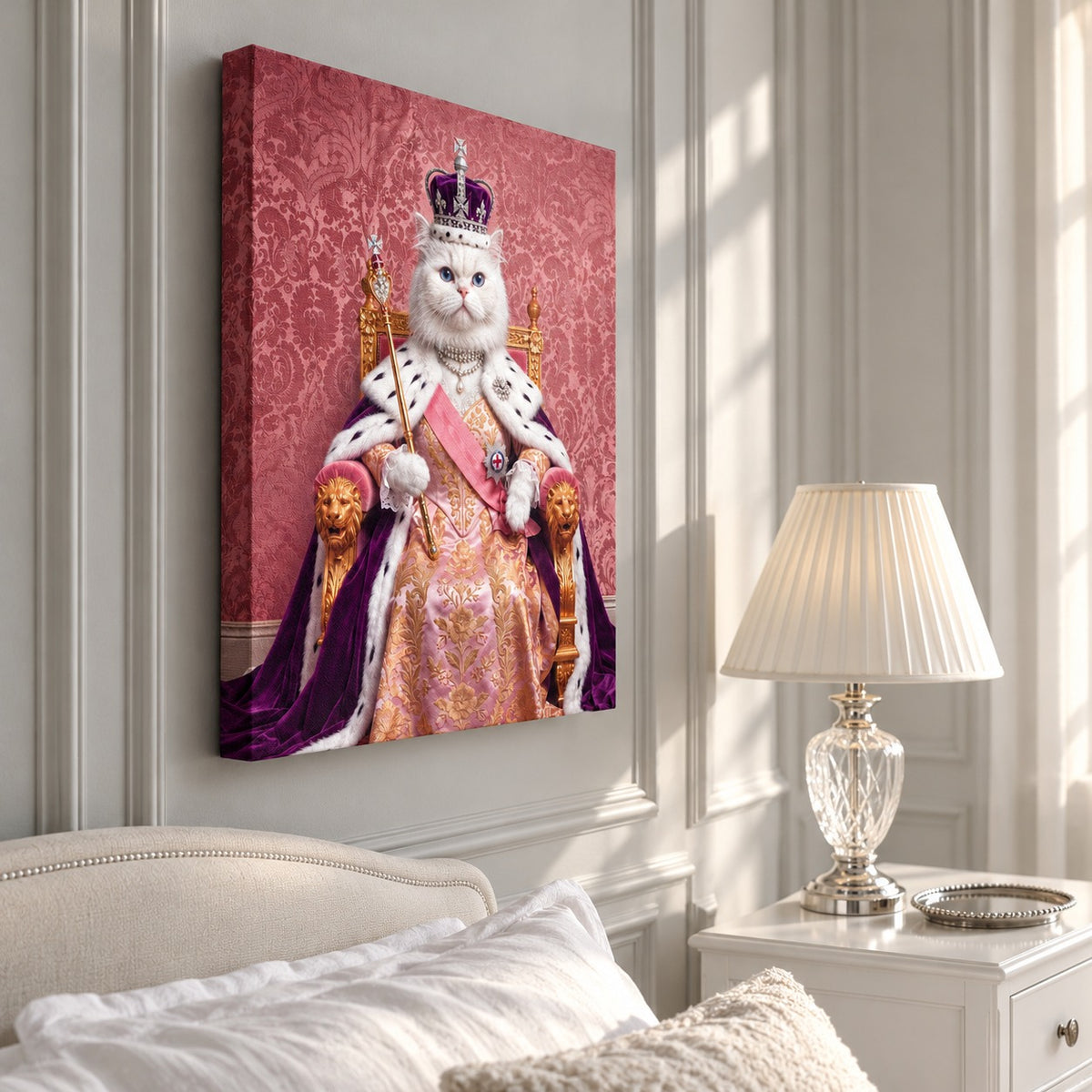 Royal Queen cat portrait canvas, 1 cat, Unframed, hanging in a bedroom
