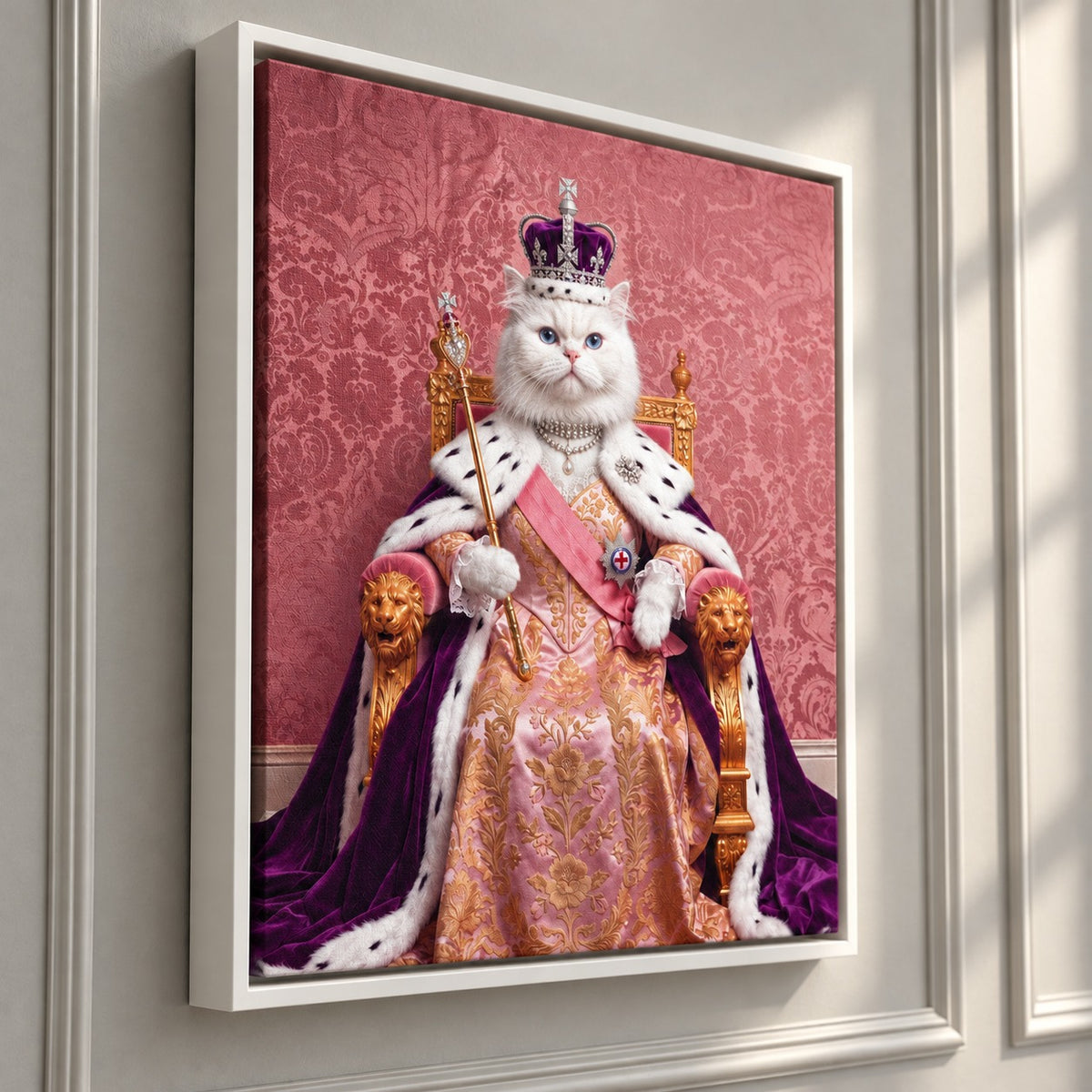 Royal Queen cat portrait canvas, 1 cat, White frame, float frame on the wall