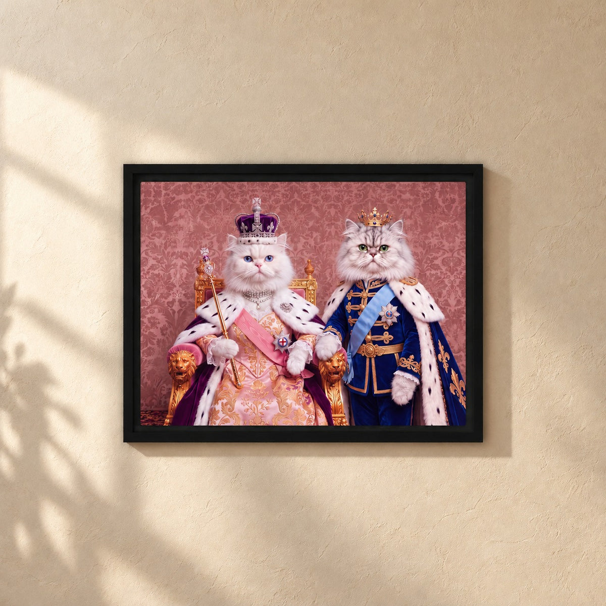 Royal Queen cat portrait canvas, 2 cats, 16" x 12", Black frame, on a plaster wall