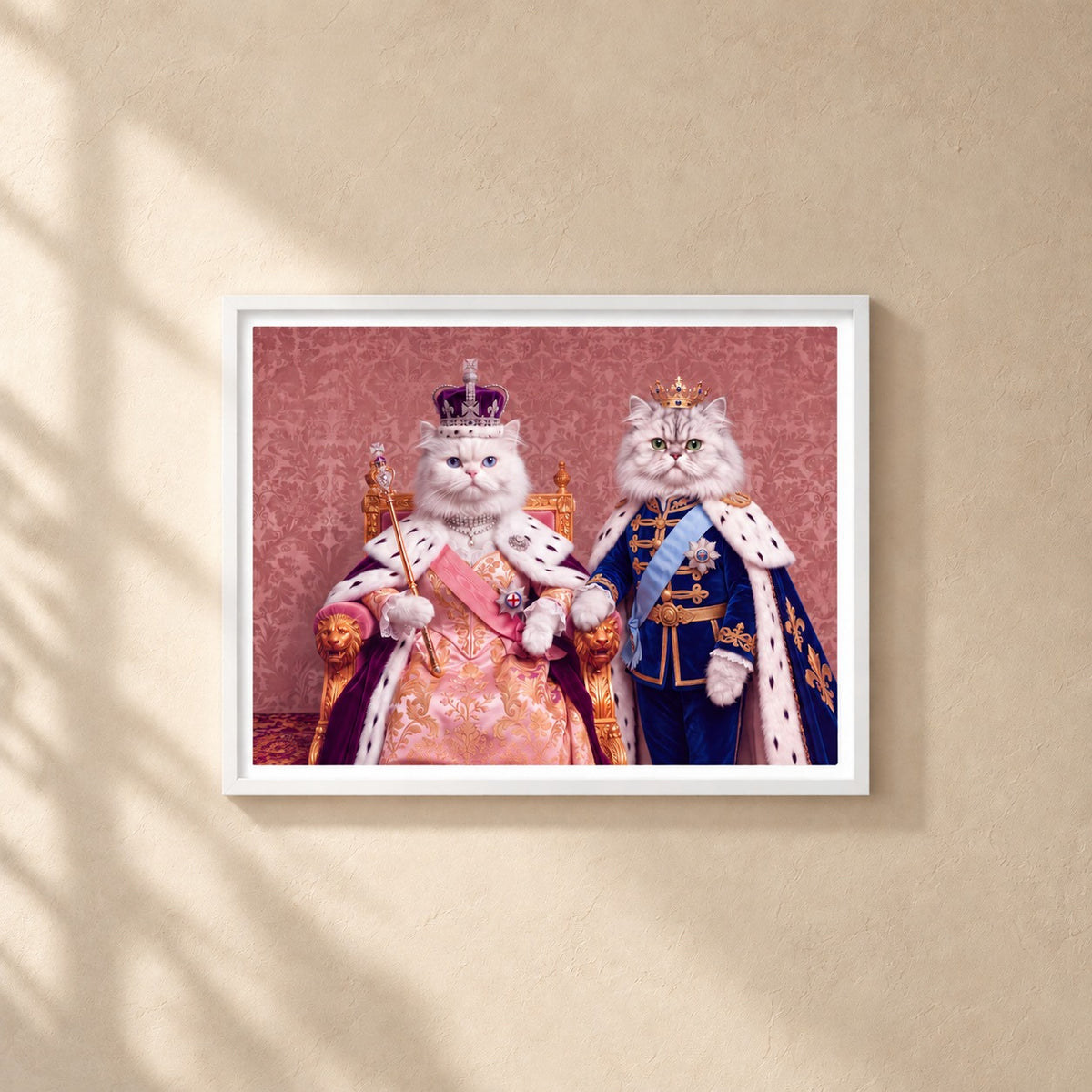 Royal Queen cat portrait canvas, 2 cats, 16" x 12", White frame, on a plaster wall