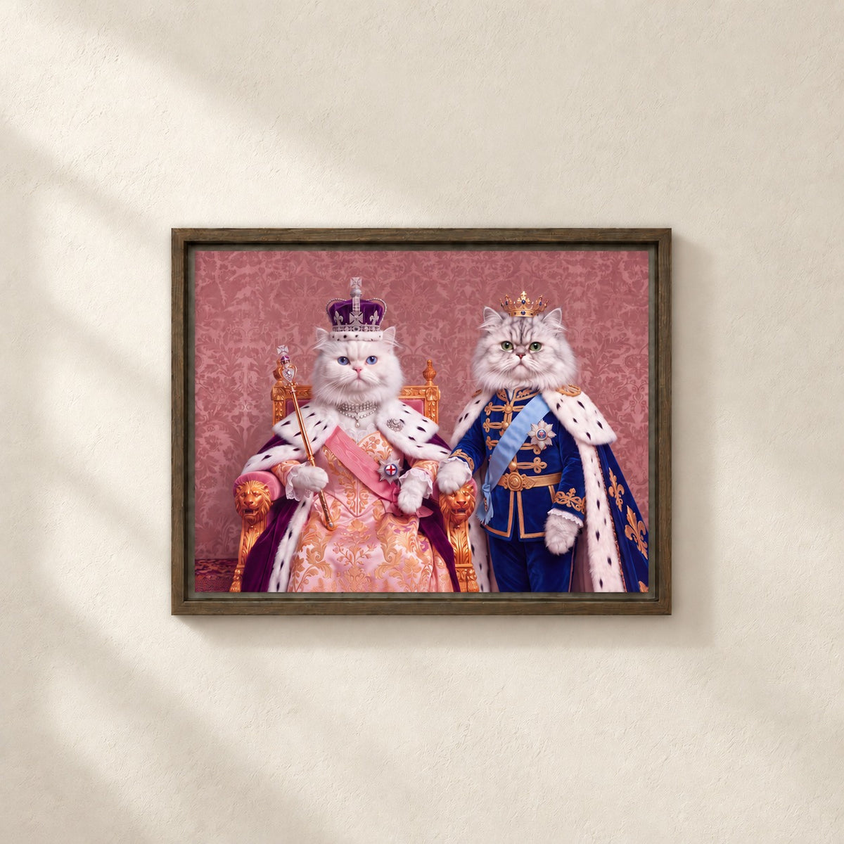 Royal Queen cat portrait canvas, 2 cats, 16" x 12", Brown frame, on a plaster wall