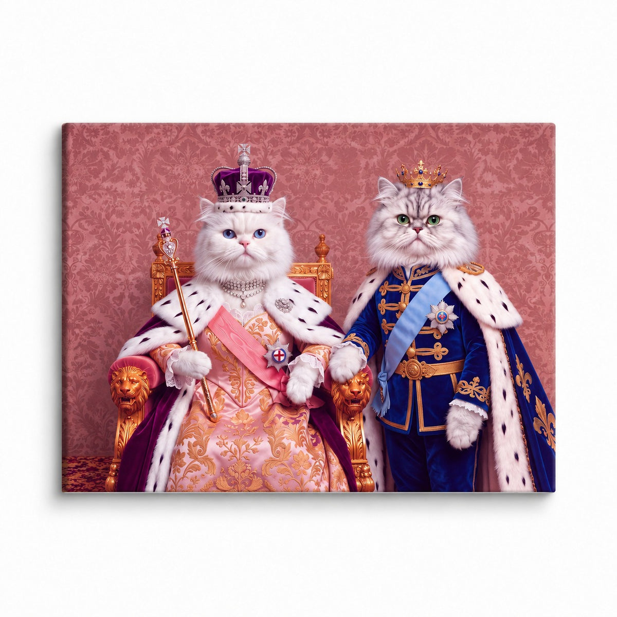 Royal Queen cat portrait canvas, 2 cats, 16" x 12", Unframed, on a white backdrop