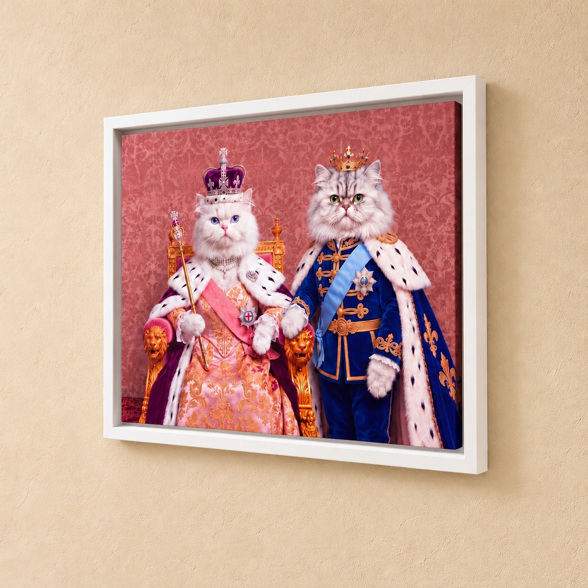 Royal Queen cat portrait canvas, 2 cats, 16" x 12", White frame, close angle at the frame corner showing the whole frame