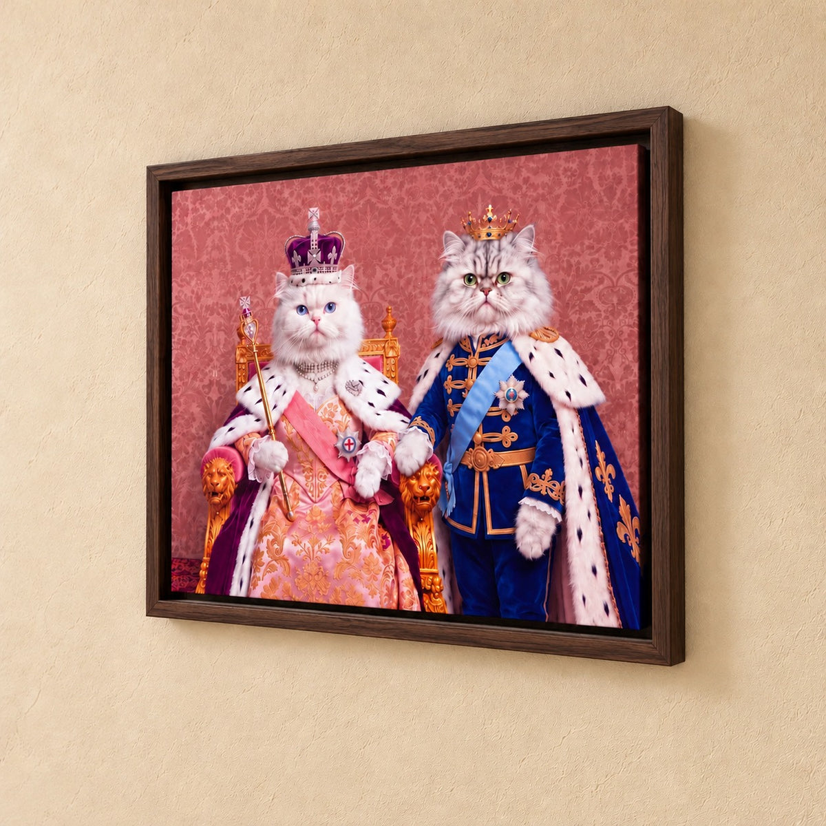 Royal Queen cat portrait canvas, 2 cats, 16" x 12", Brown frame, close angle at the frame corner showing the whole frame